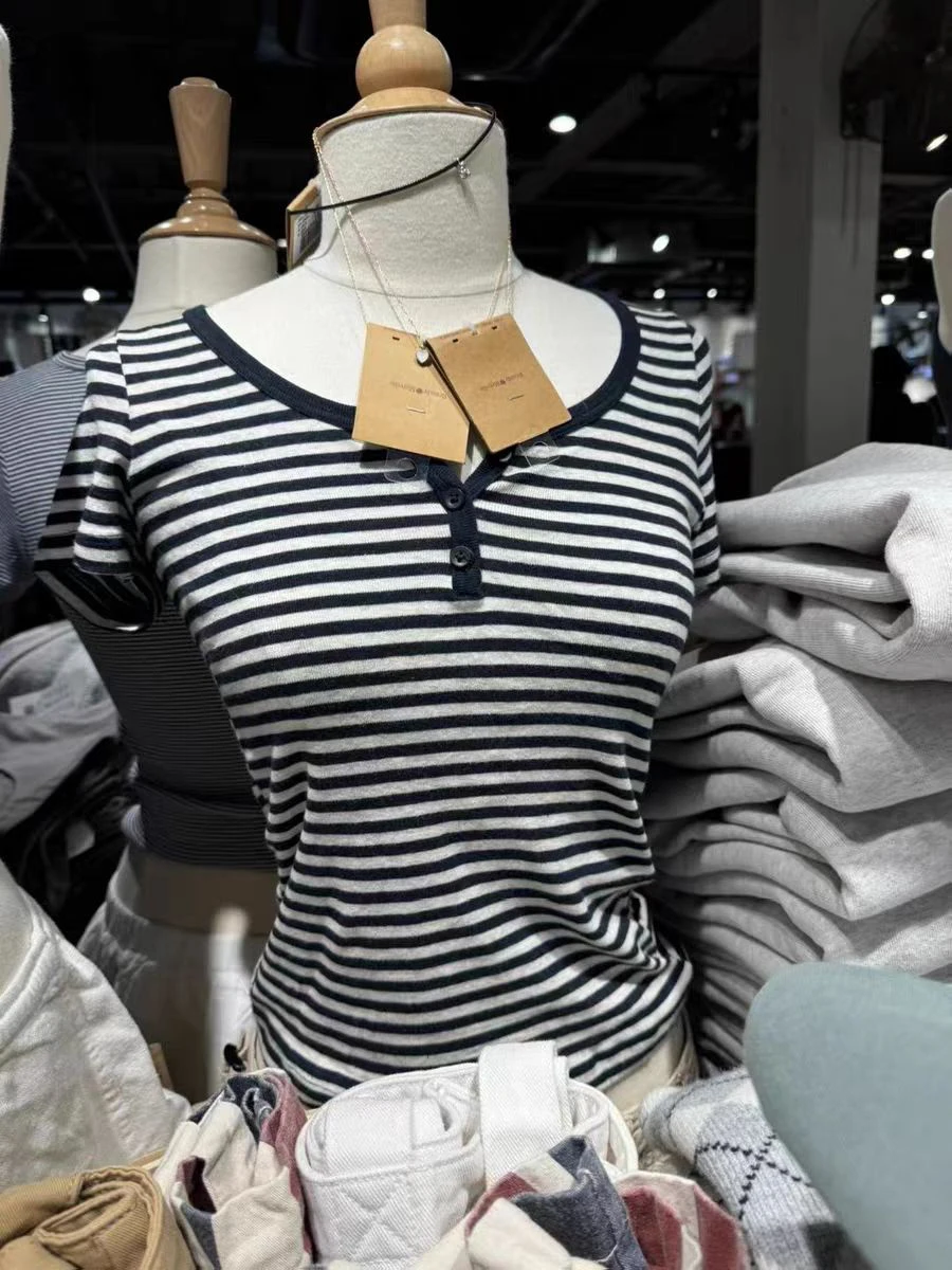 

Striped Slim Short Sleeve T Shirt Women Buttons O-Neck Cotton Summer Tees Tops Streetwear Vintage Casual T-shirts Y2k Clothes