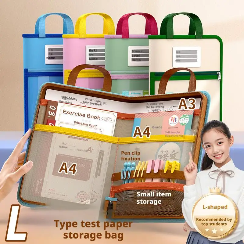 

L-shaped A4 File Bag Large Opening Large Capacity Stationery Storage Bag File Transparent Mesh Organizer School Supplies Q3U0