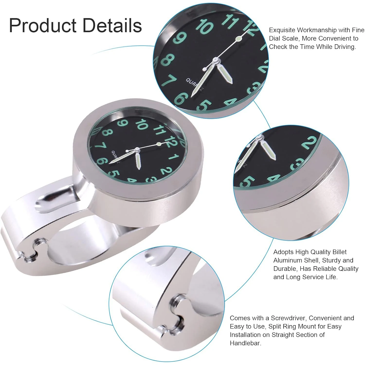 Top Motorcycle Watch Handlebar Clock Silver Waterproof for Rain Bar Mount Classic Cruisers Choppers Electric Bike EScooter Mini view 3