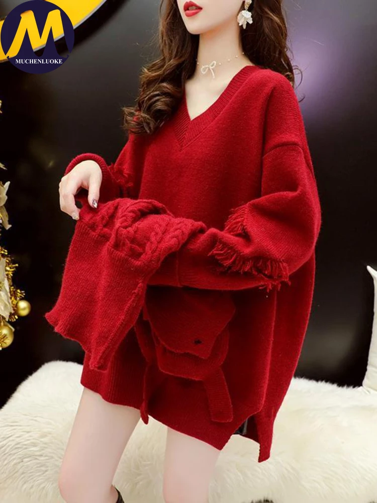 Women\'s Long Sleeve High Collar Sweater Casual Loose Knit Pullovers Lazy Breeze Sweaters New Fashion 2 Piece Set, Autumn, Winter