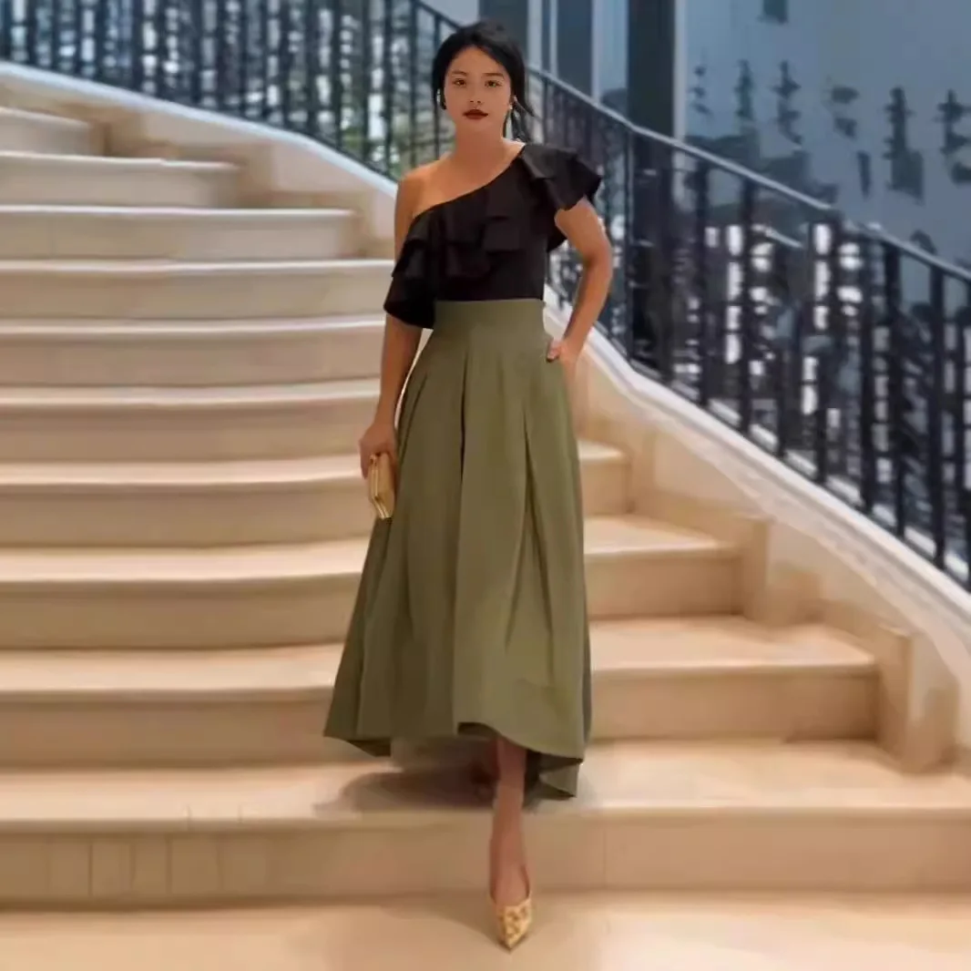 

Two Piece Skirt Set Women Top Folds Skew Collar Sleeveless High Waist Long Skirts 2025 Office Lady Outfits Temperament Ensemble