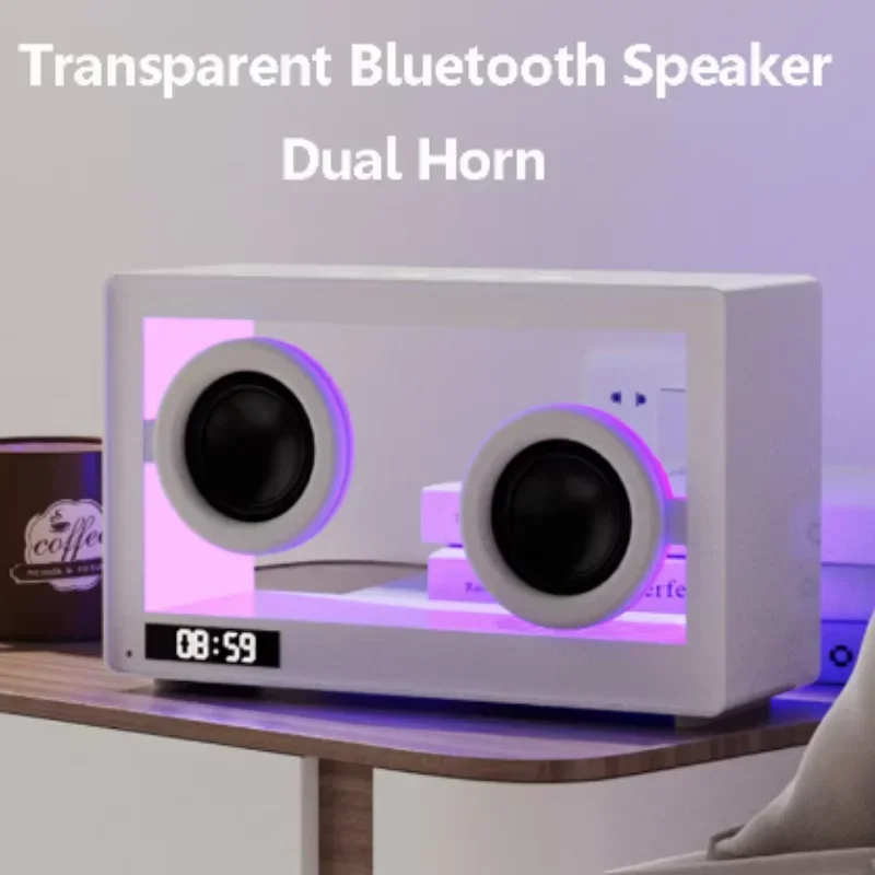 Mini Speaker Transparente Visível Bluetooth com Relógio, Cartão Portátil, Leitor de Música Sem Fio, Desktop LED Lâmpada Atmosfera, Ornamentos