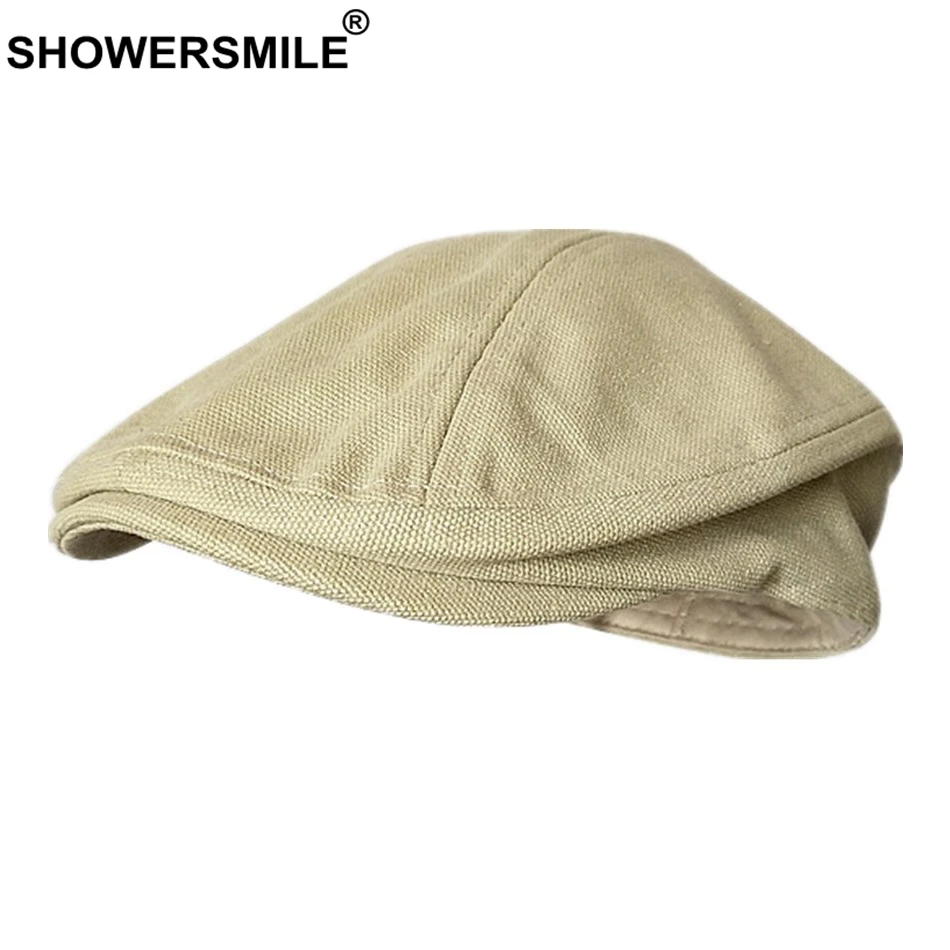 SHOWERSMILE Spring Summer Canvas Flat Cap for Men Beret Hat 100% Cotton Beige Ivy Cap Male Solid Vintage British Brand Hats