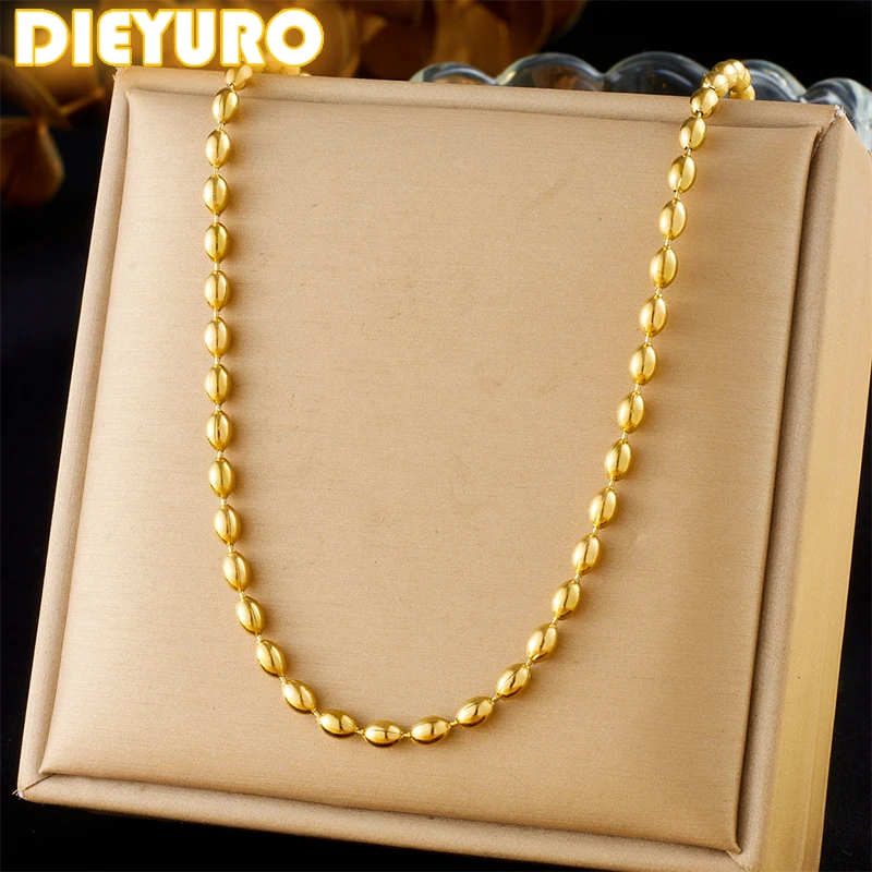 

DIEYURO 316L Stainless Steel Golden Wide Oval Beads Clavicle Necklace For Women Girl New Trend Fashion Neck Chain Jewelry Gift