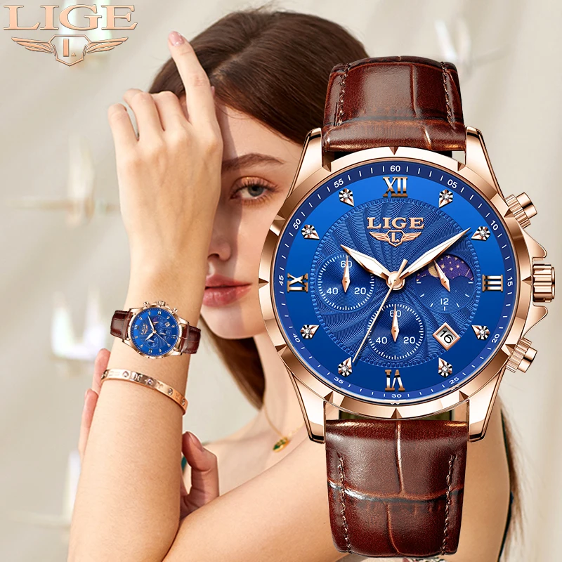 LIGE Fashion Elegant Quartz Womens Wristwatch Diamond Luxury Casual Leather ladies Watches Waterproof Calendar Relogios Feminino