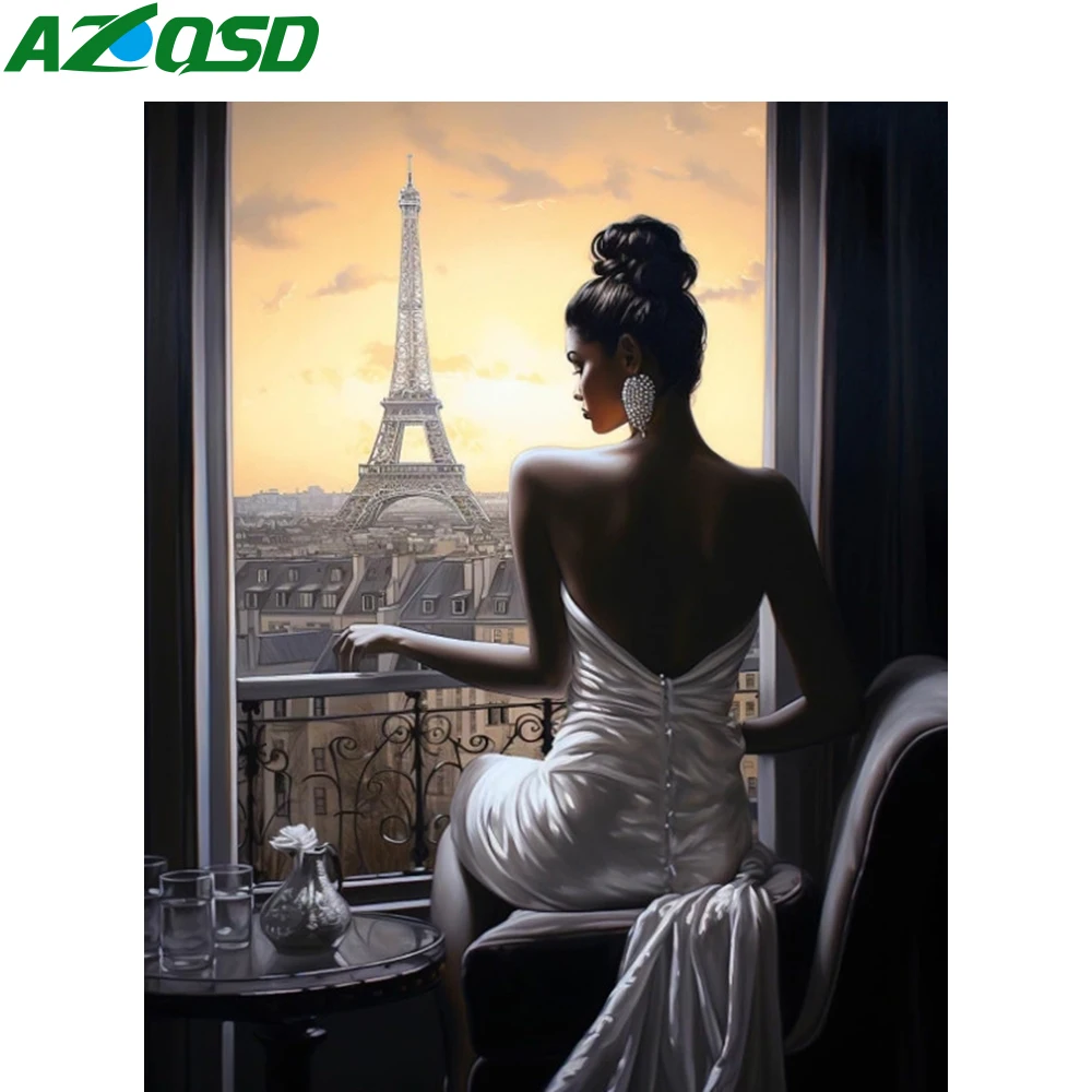 AZQSD Diamant Malerei Frau Porträt Stickerei Stadt Turm Landschaft Handgemachte Bild Von Strass Geschenk Handarbeiten
