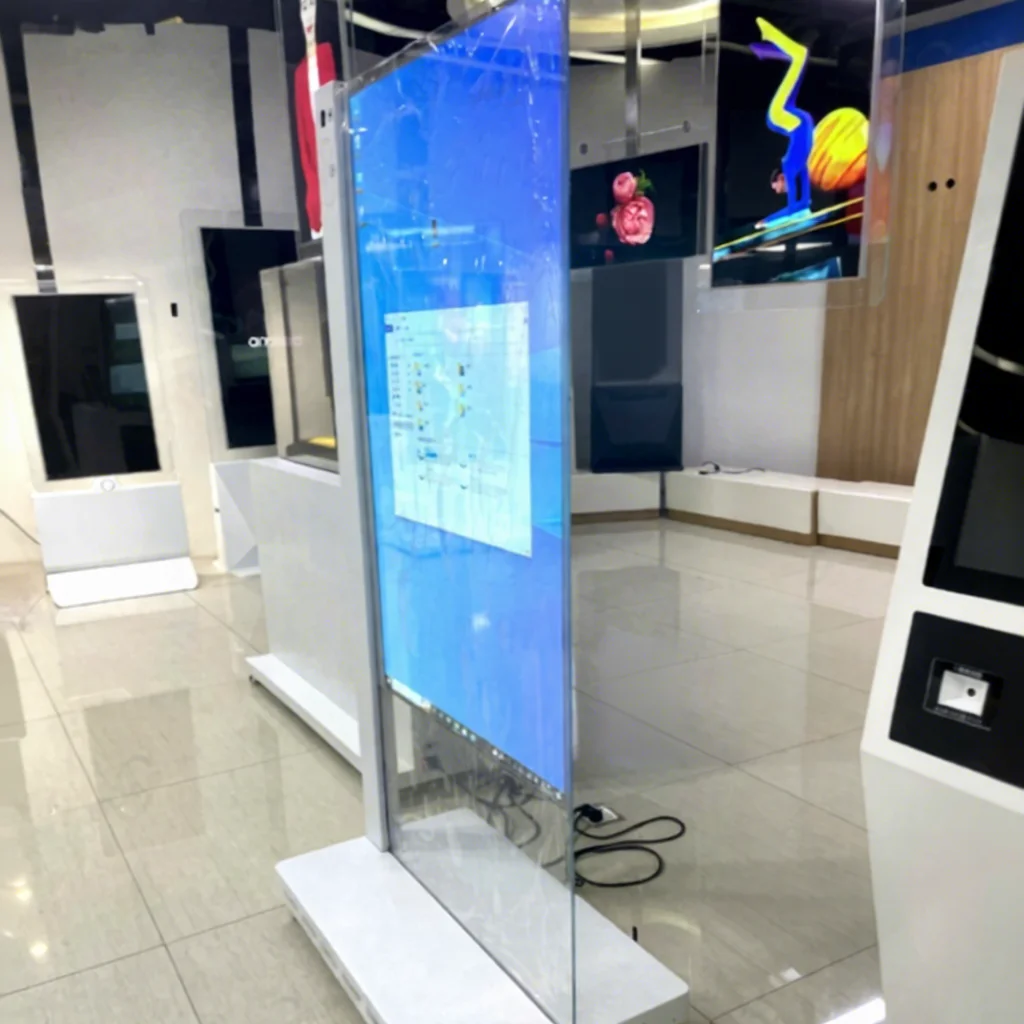 Custom Touch Screen Floor-Standing Vertical Kiosk, Transparent OLED Totem for Retail Advertising, AliExpress