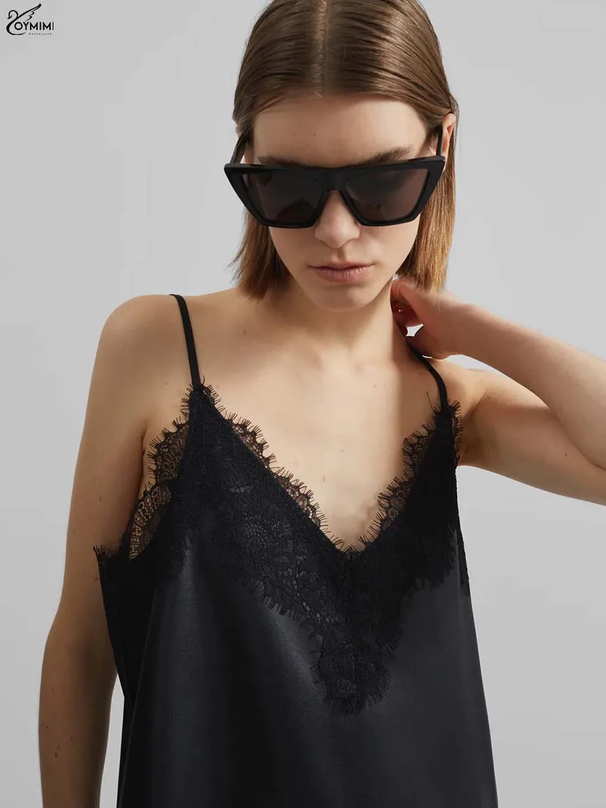 Oymimi élégant noir Pu robes en cuir 2025 femme mode Spaghetti sangle dentelle dos ouvert robes décontracté droite Mini robe