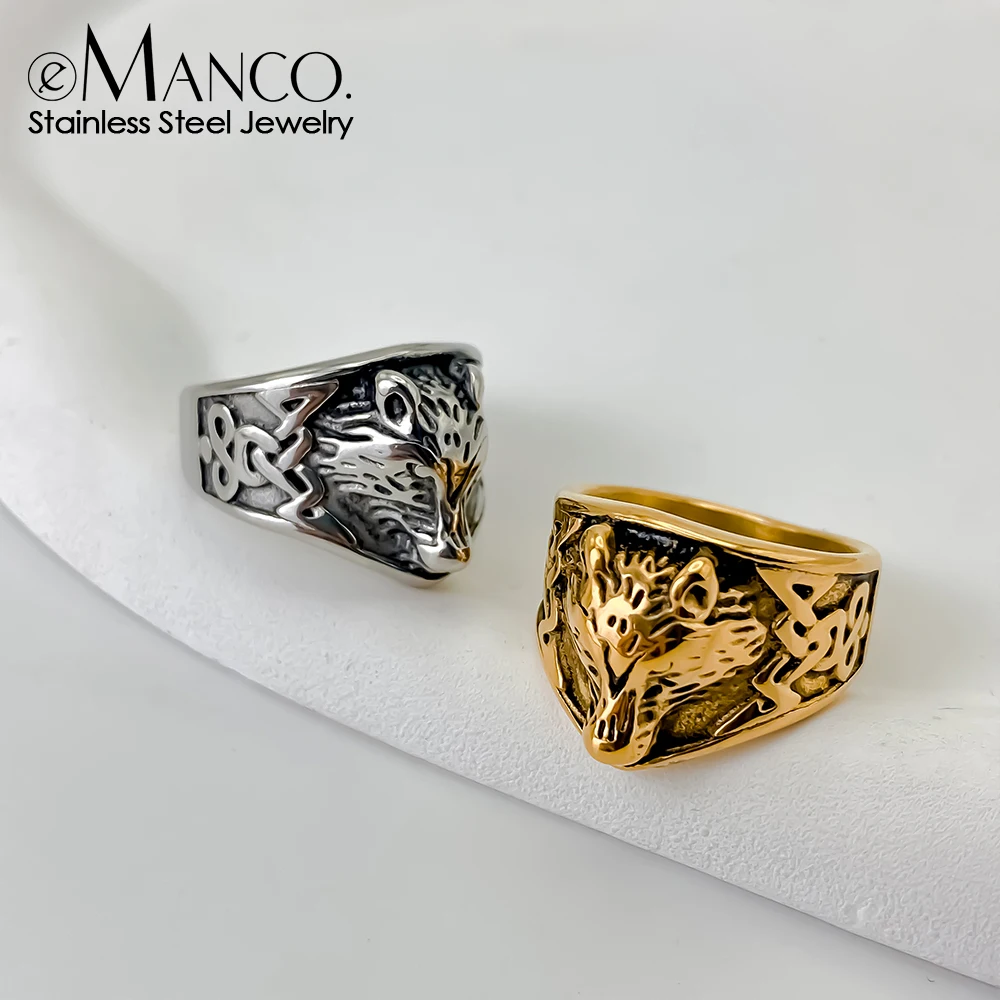 EMANCO Neue Edelstahl-Punk-Wolf-Ringe Tier-Männerring 3D-Prägung Hochglanzpoliert Rock-Schmuck Direktverkauf ab Werk