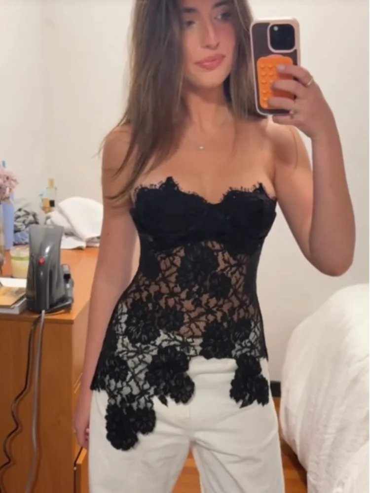 

Sexy Black Floral Lace Tube Top Women Sleeveles Backless Sheer Mesh Strapless Bodycon Corset Top 2026 New Fashion Party Clubwear