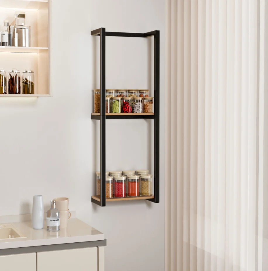 Stainless steel kitchen shelf Functional wooden towel rack Home Bathroom style Hotel multi-layer black bath towel rack