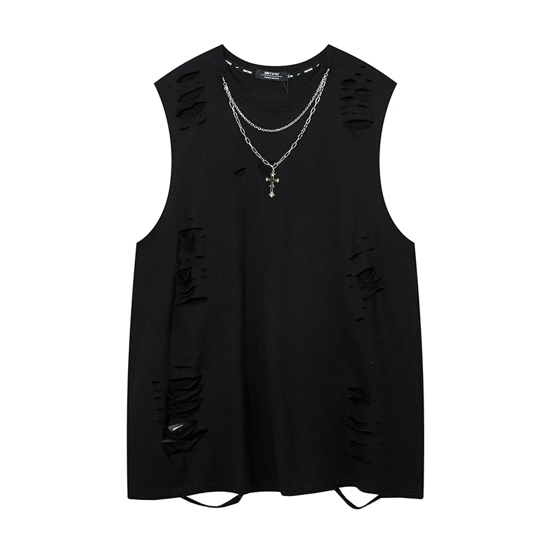 Harajuku Summer Solid Color Hip Hop Tshirt Washed Cotton Streetwear Distressed Ripped Tank Top Men with Chain Vintage Y2k Tops