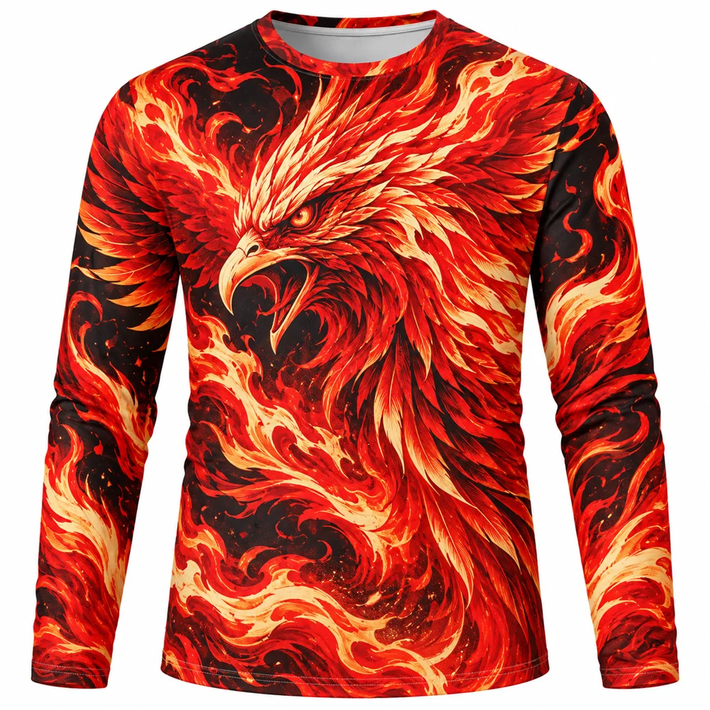 Fire Phoenix 3D Printed Long Sleeve T Shirt for Men Mythical Bird Flame Graphic Crew Neck Casual Top Fantasy Art Street Fashion