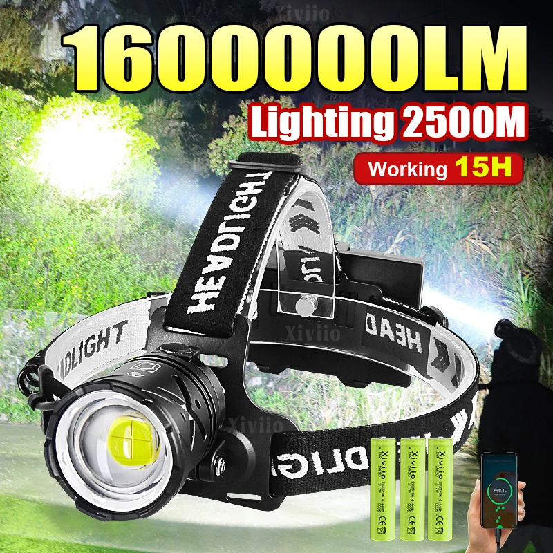 16000000LM Lanterna de cabeça mais poderosa XHP70 Ultra poderosa LED Farol de cabeça de pesca Lanterna LED recarregável L2 luz frontal para acampamento lâmpada de cabeça de pesca