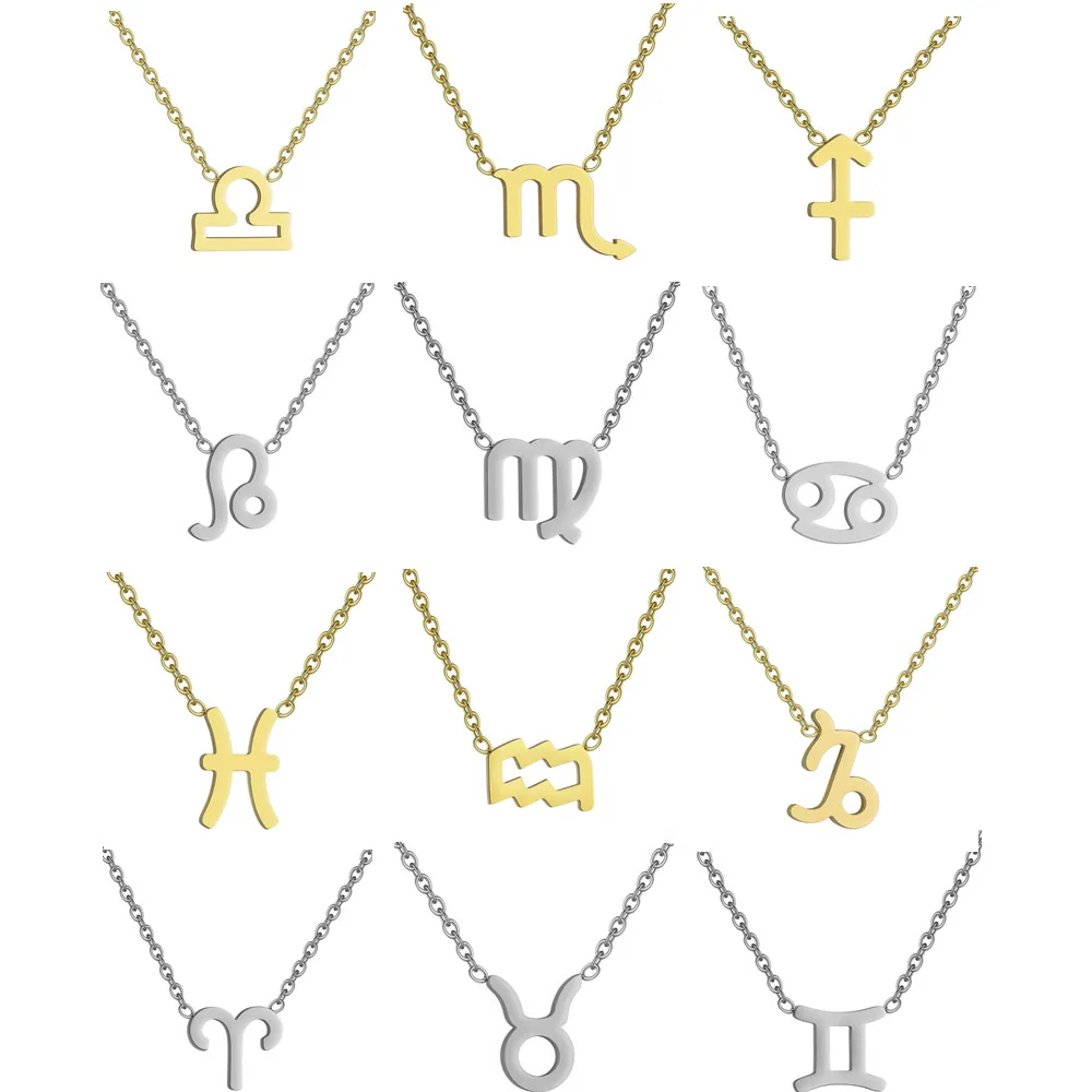 Stainless Steel Star Zodiac Sign Necklace 12 Constellation Pendant Necklace Women Aries Leo Virgo Gemini Libra Pisces Jewellery