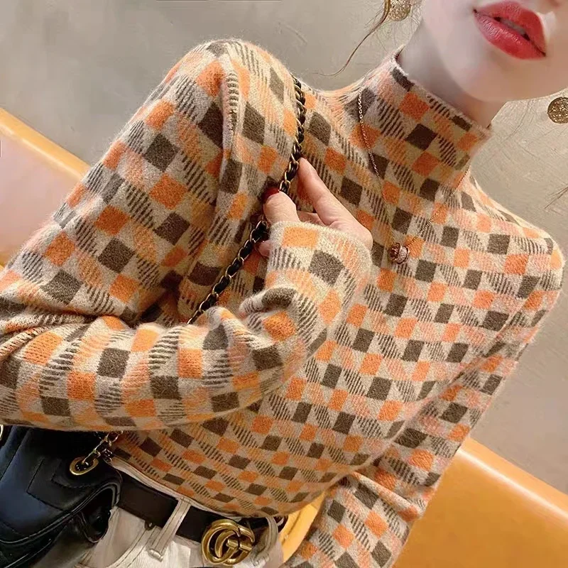 

Autumn Winter Plaid Jacquard Knitted Pullovers Women Clothing Chic Y2k Comfortable Elasticity Sweater Warm Soft Wool Pullovers