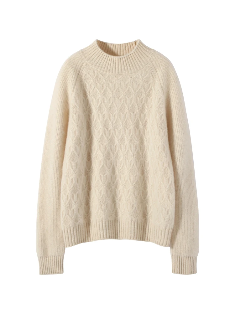 Thick Cable Stitch Autumn Winter Mock Neck Women's Soft Warm Long Sleeves Pullover Sweater 100% Cashmere Knitted Clothing Tops