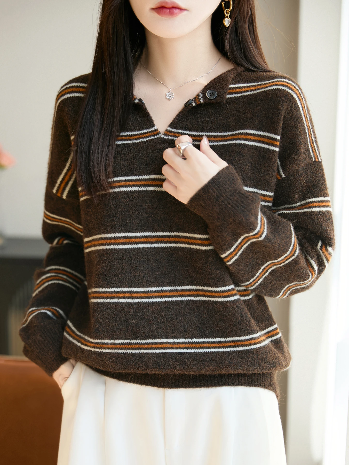 

Classic Autumn Winter Woman Sweater Loose Female Merino Wool Knitwear Striped Pullover Long Sleeve Clothing Tops Ladies Jumper