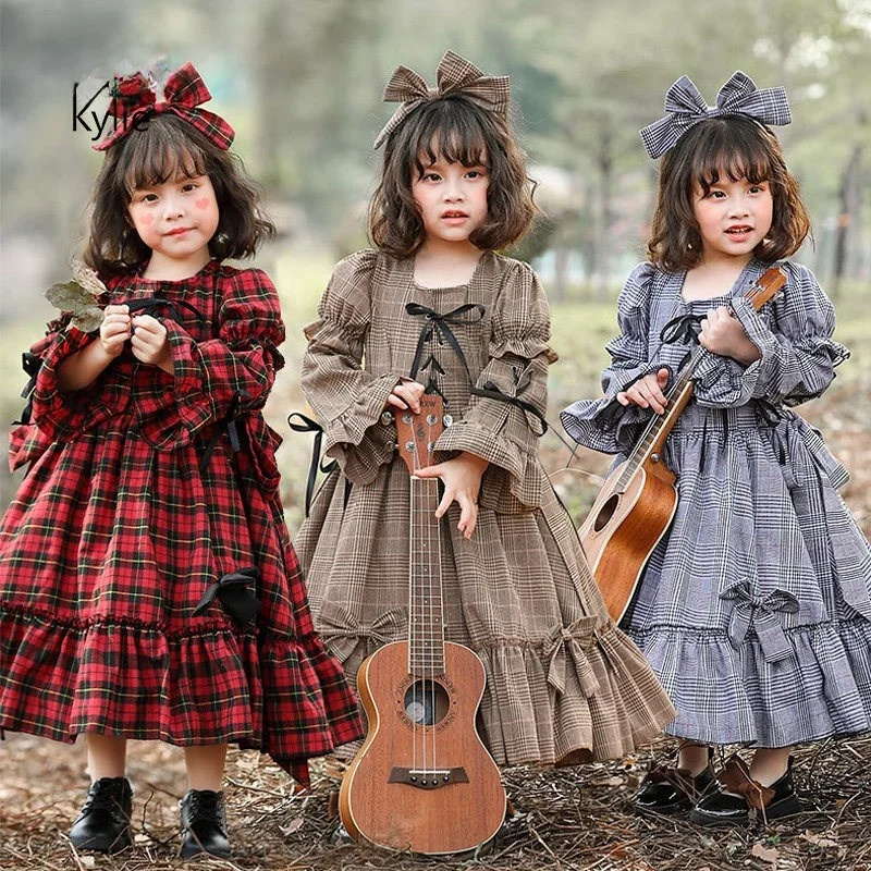 Vestido Infantil de Halloween para Meninas, Xadrez Cáqui, Estilo Lolita, Fantasia para Fotografia, Traje Diário Pais e Filhos, Traje Tradicional Chinê