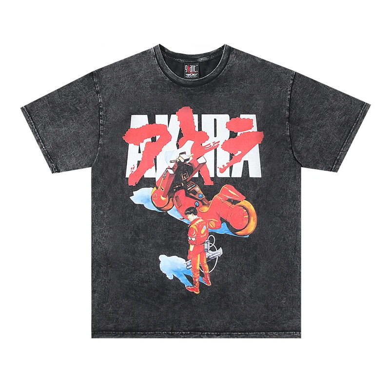 

Niche Fashion Brand AKIRA Short Sleeve Tops High Quality Creative Personality Print T-shirts Washed Black Cotton Akira Tee