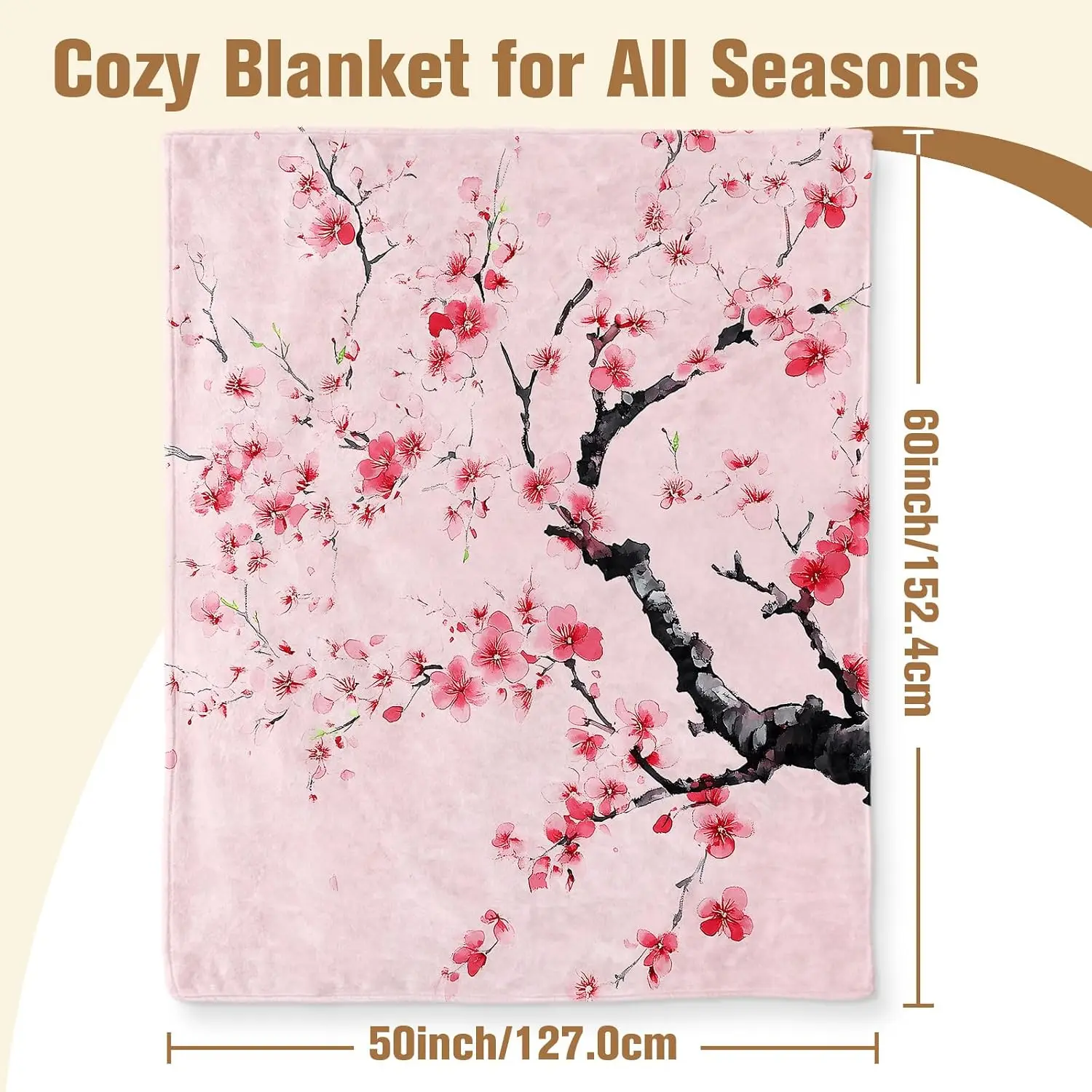 Chinese Ink Red Plum Blossom Branch Light Pink Background Print Flannel Blanket Soft for Oriental Home Warm Decor Gift