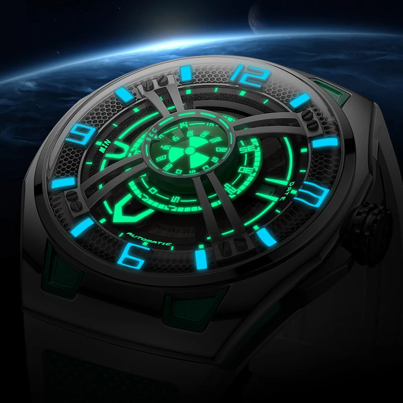 BONEST GATTI 2025 Orologio da polso meccanico da uomo Orologio con movimento automatico Gomma fluoro Cinturino blu Orologio da uomo in cristallo di zaffiro