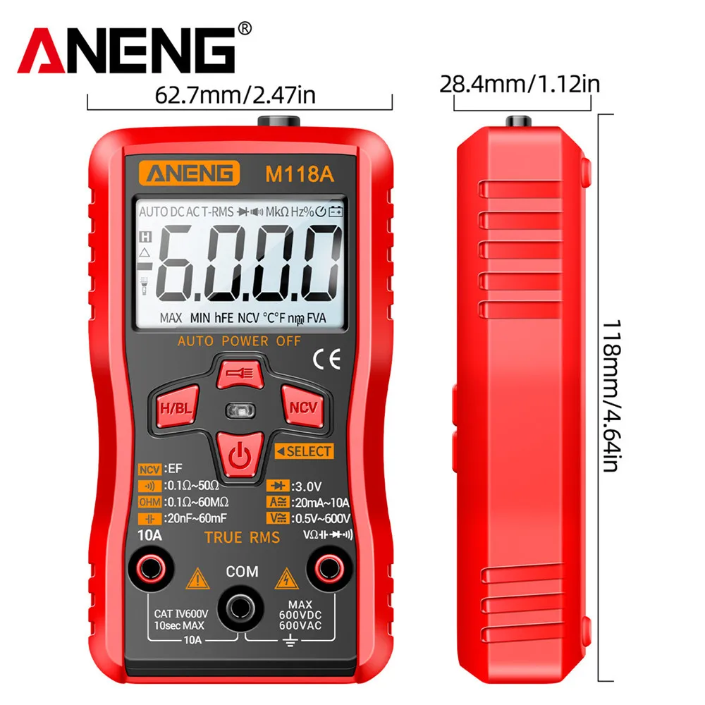 ANENG M118A Digital Mini Multimeter Tester Auto Mmultimetro True Rms Tranistor Meter with NCV Data Hold 6000counts Flashlight