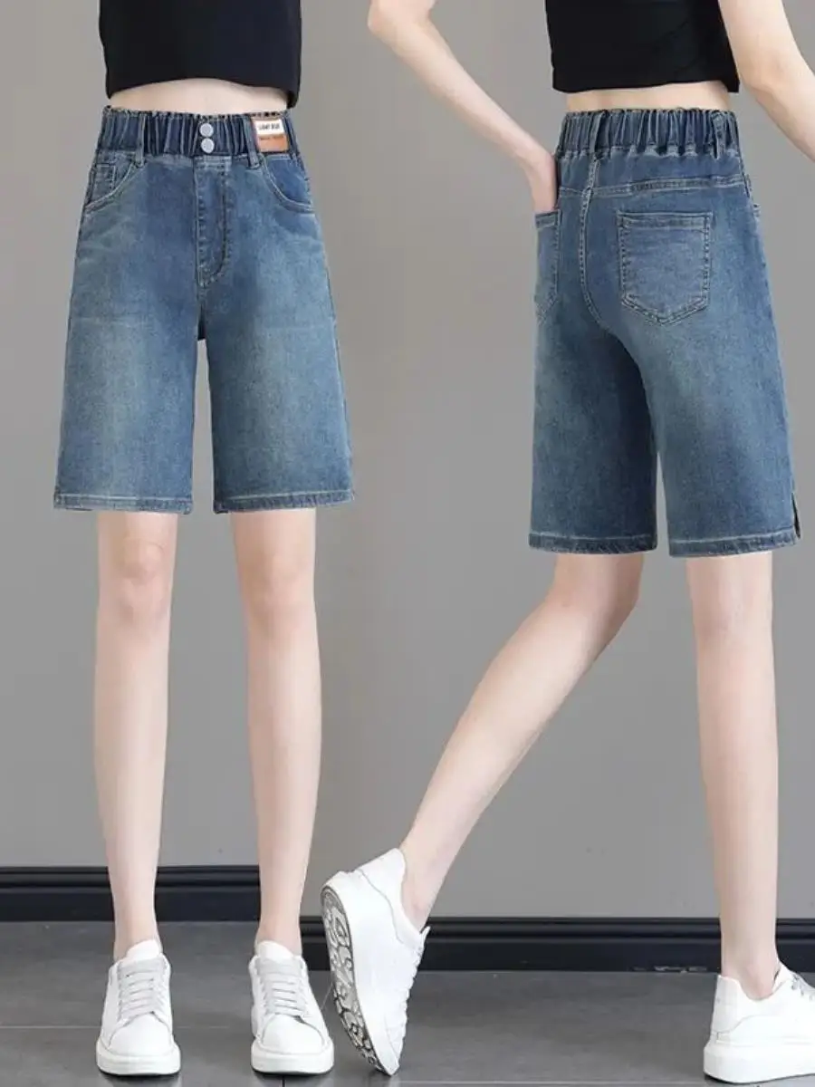 shorts-jeans-feminino-cintura-alta-elastica-novo-estilo-de-verao-modelagem-solta-e-plus-size-com-bolsos-casual-de-negocios