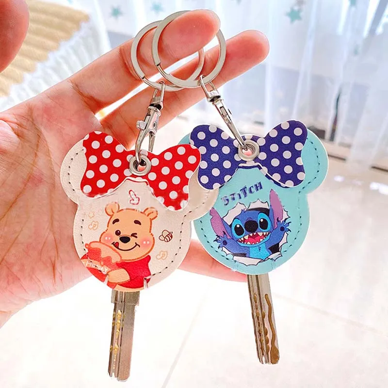 Disney Cute Stitch & Bear Key Holder PU Leather Big Size Key Pouch Housekeeper Key Access Entrance Card Protecter Holder