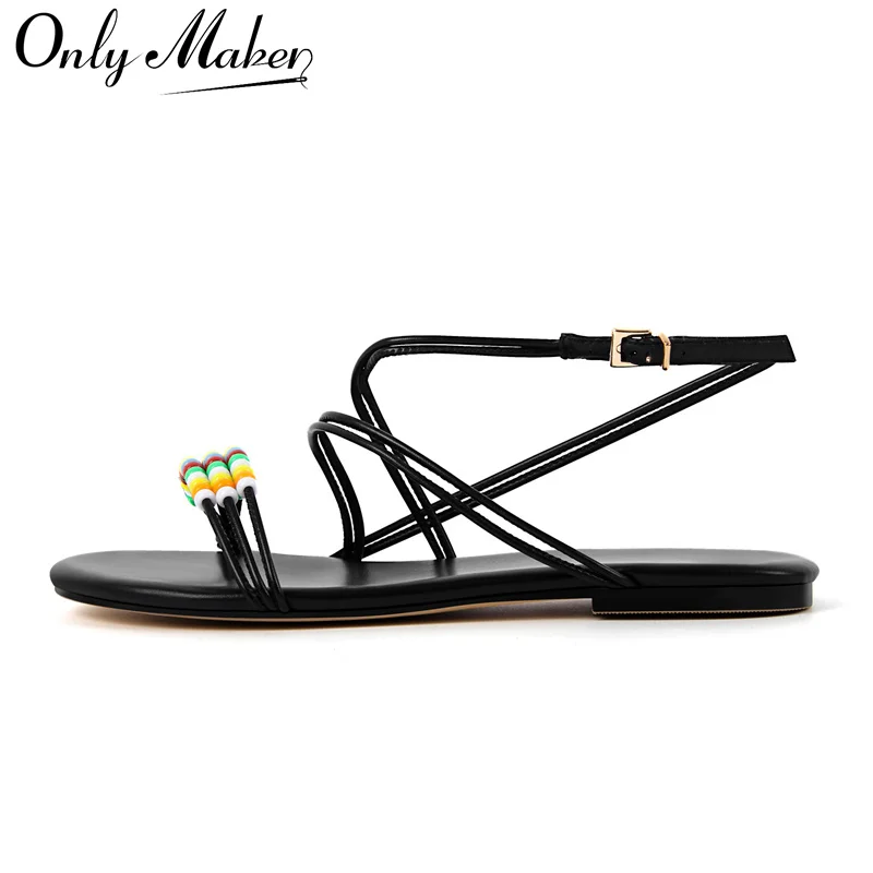 

Onlymaker Women Loop beaded Ankle Buckle Strap Flats Sandals Open Toe Lace up Casual Summer Dressy Beach Sandals