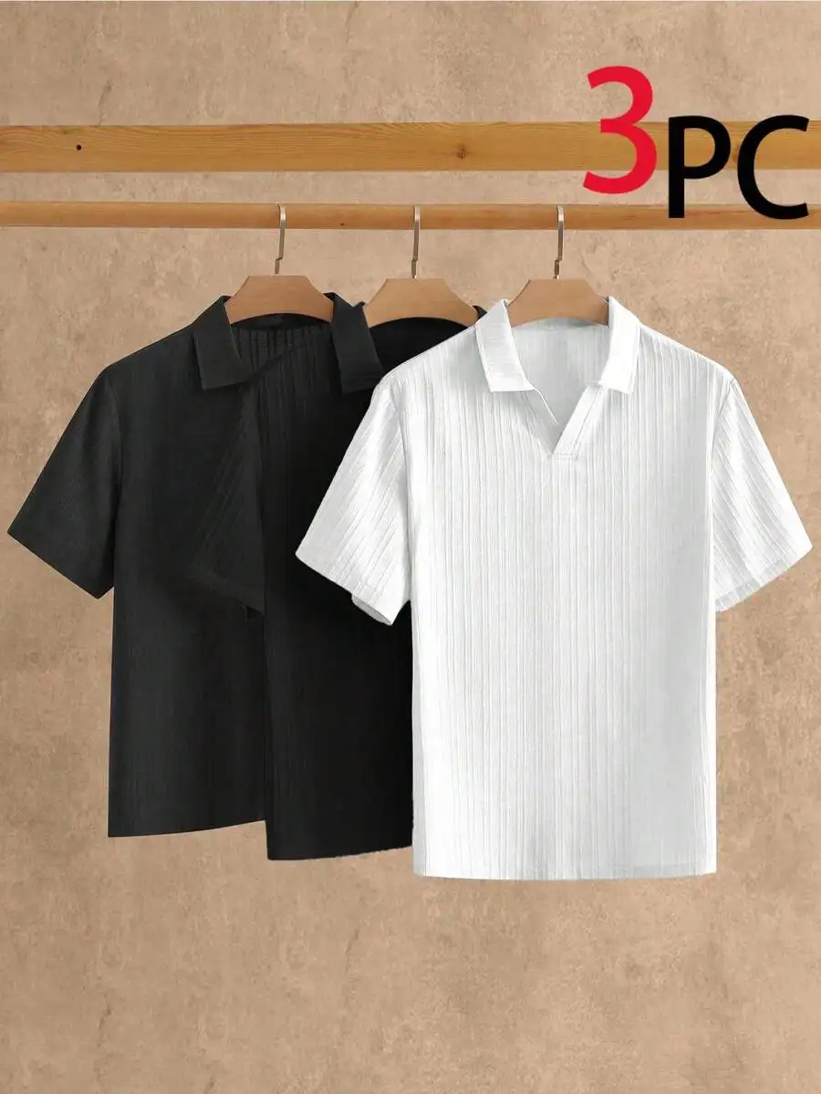 

Mens Solid Color Short Sleeve Shirt 3PC Set Casual Versatile Commuting Basic Style
