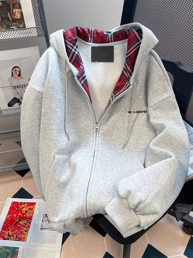 Américain paresseux Sle rétro Plaid épissage à capuche automne hiver Fce Couple manteau décontracté à la mode longue fermeture à glissière Sve