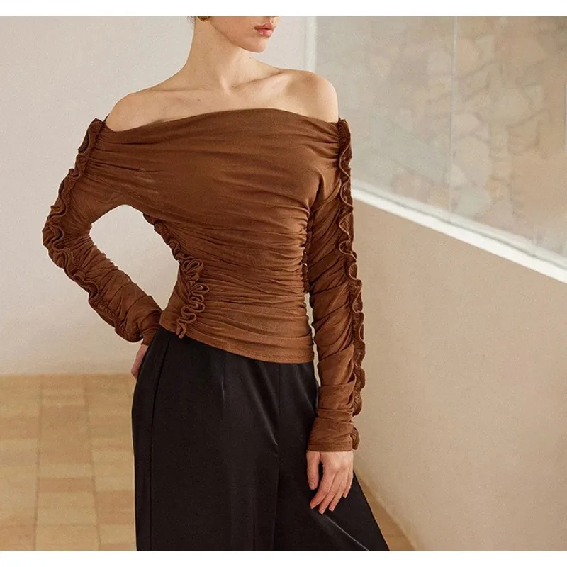 

Fall/Winter 2025 New Solid Color Slim Ruffled Sleeve One-shoulder Pleated Top Women's Clothing