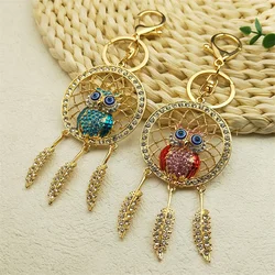 Animal Owl Dream Catcher Key Chain for Women Rhinestone Metal Gold Color Dreamcatcher Keychain Bag Accessories Jewelry K9034S01