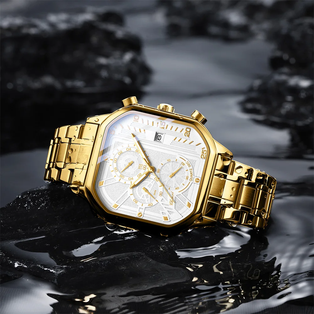 CHENXI Watches For Man Multifunctional Men's Watch Calendar Waterproof Gold Stainless Steel Strap Square Quartz Wristwatch Gift