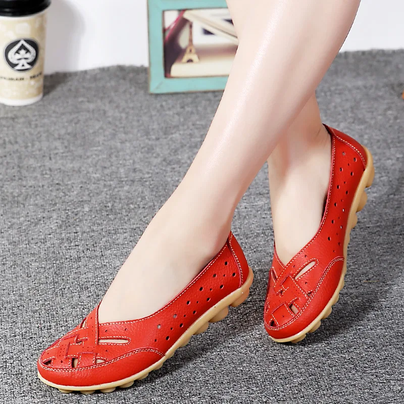 Hollow Breathable Flats Shoes Women Korean Style Summer Solid Color Round Head Leather Casual Plus Size Shoes Zapatos Mujer