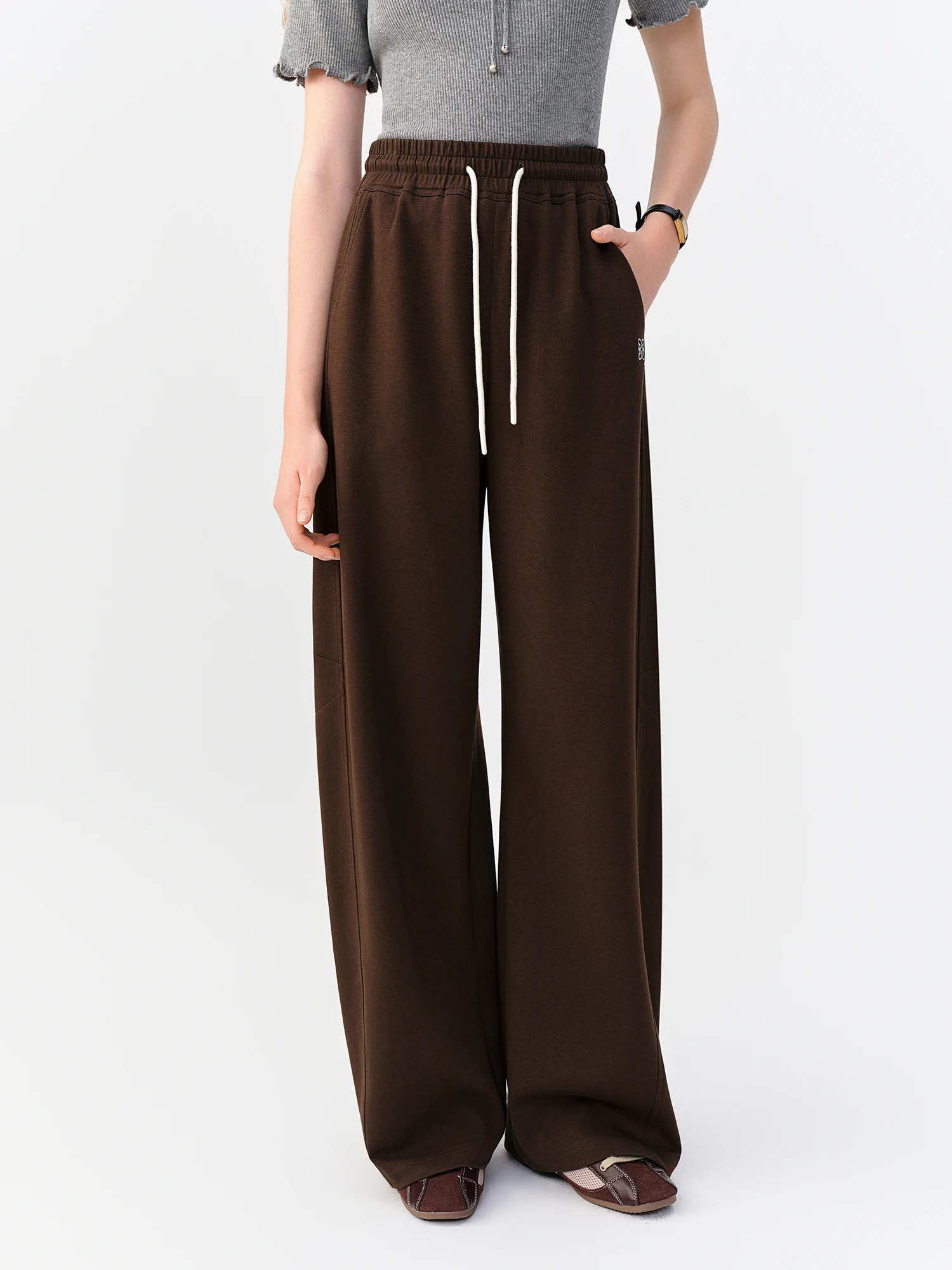 DUSHU 2026 Autumn New Women's Color-Block Drawstring Wide-Leg Pants Slimming Straight-Leg Trousers Available in Multiple Sizes