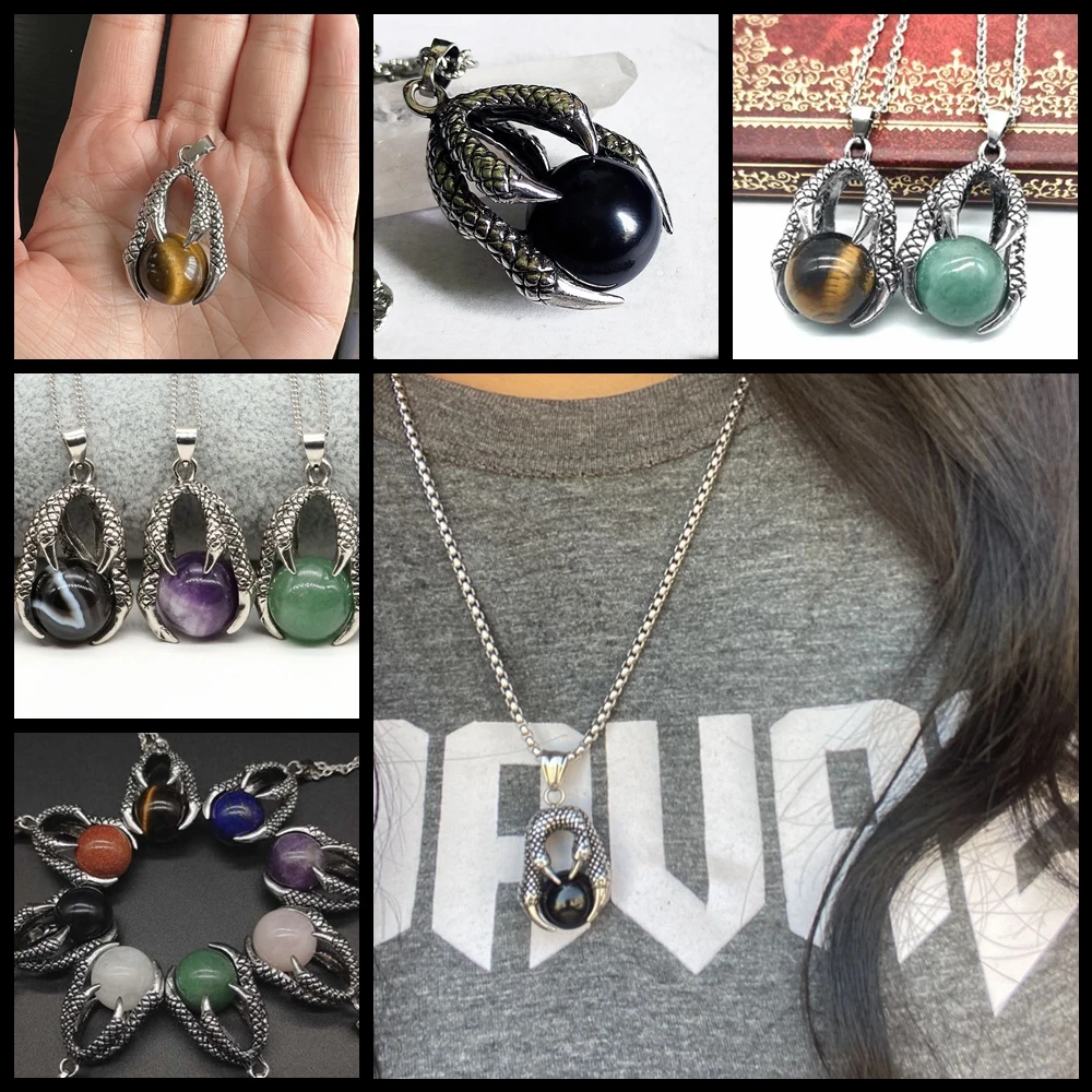 2pcs Punk Dragon Hand Shape Pendant Silver Color Hold Round Stone Gem Ball Necklaces Pendants For Making Men Jewelry Accessories view 3