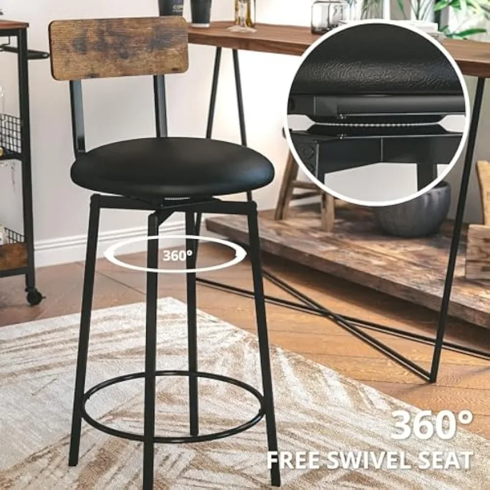 Bar Stools Set of 2, Wider Base PU Upholstered Swivel Barstools, Thick Cushion Stools with Footres, Bar Chairs