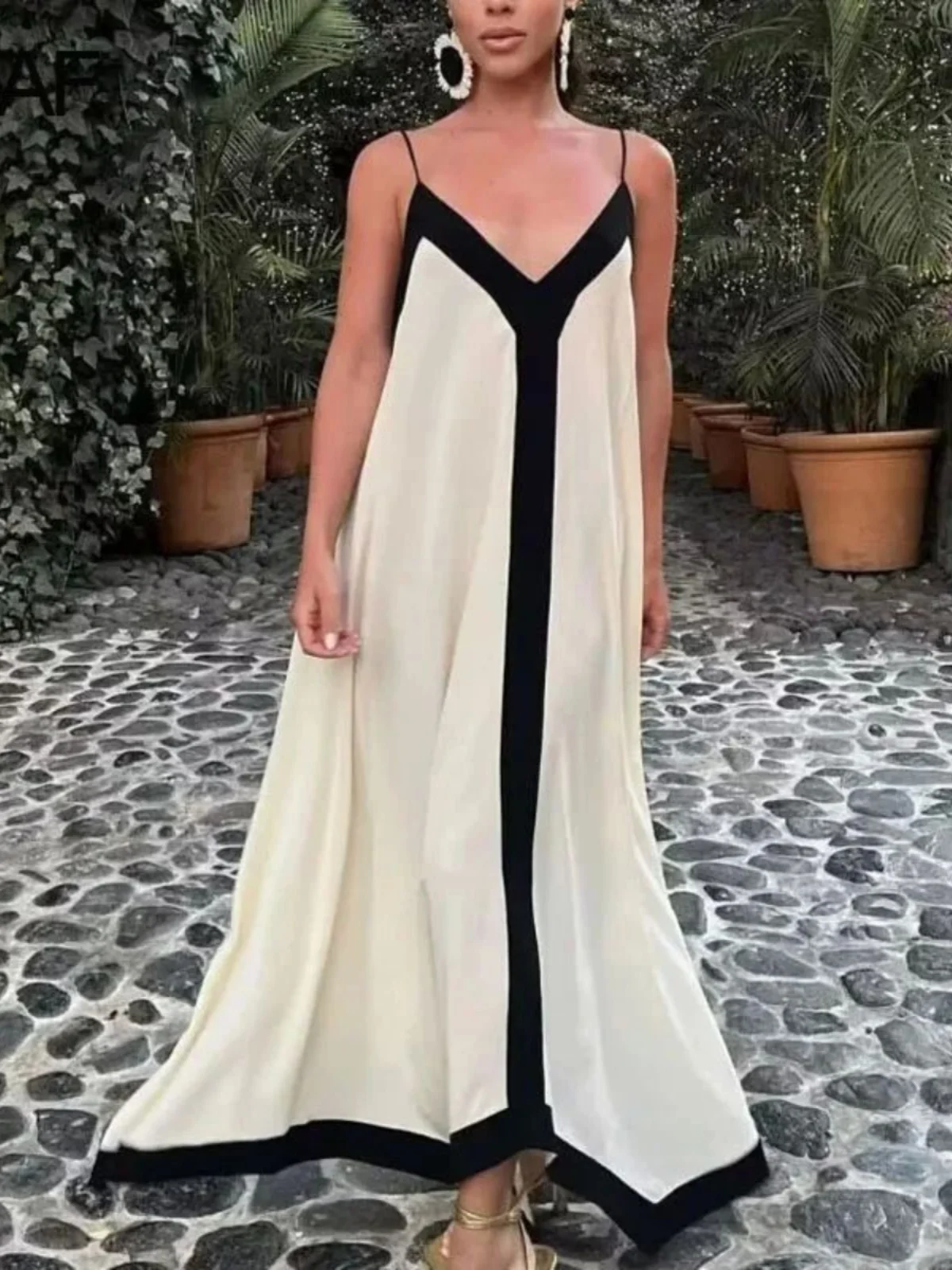 فستان فضفاض مخطط بدون أكمام وياقة على شكل V للنساء، تنورة طويلة واسعة الساق بتصميم مرقع، فستان على شكل حرف A بأسلوب الشارع، م... #1