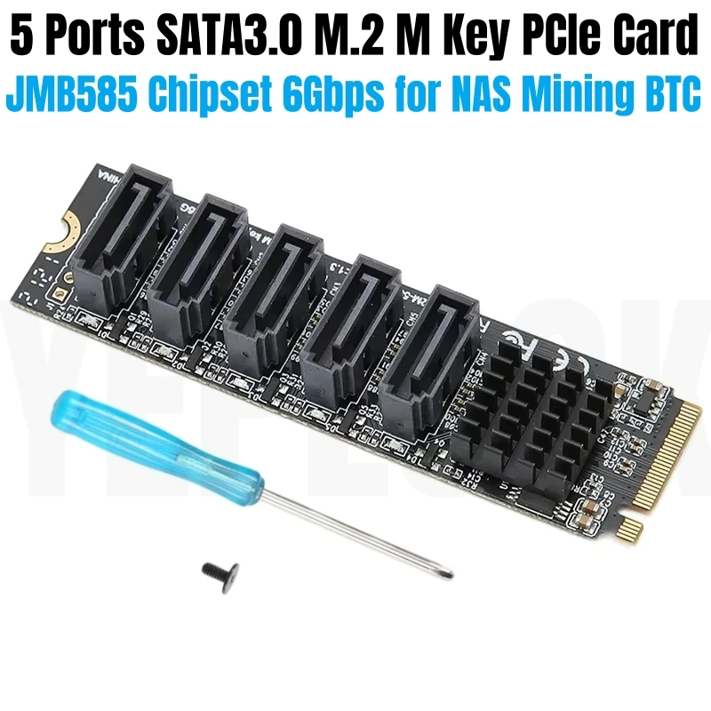 5 Ports SATA3.0 SATAIII PCIe M.2 NVME M-KEY 6Gbps SSD HDD Expansion Adapter Card JMB585 Chipset for NAS, Chia BTC Mining Miner