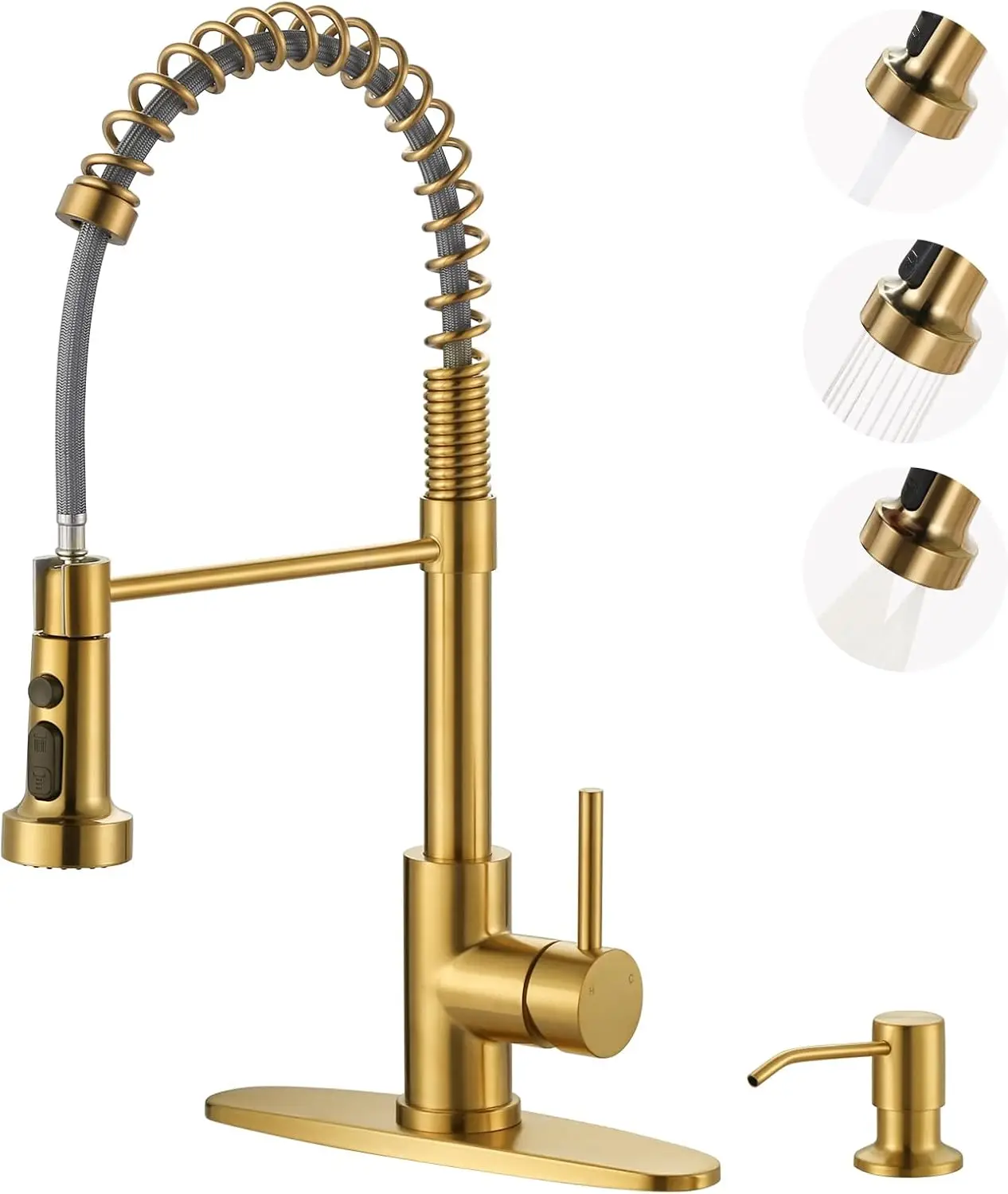 

Brushed Gold Kitchen Faucet with Soap Dispenser and Pull-Down Sprayer, Stainless Steel Single Handle for Farmhouse RV Laundry