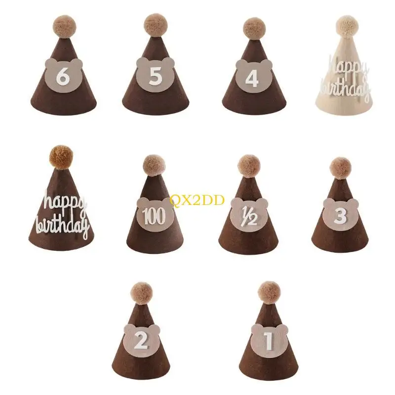 

QX2D Coffee Bear Baby Birthday Hat Soft Shower Party Peaked Cap Adjustable Size with Digits Number Creative Photography Prop