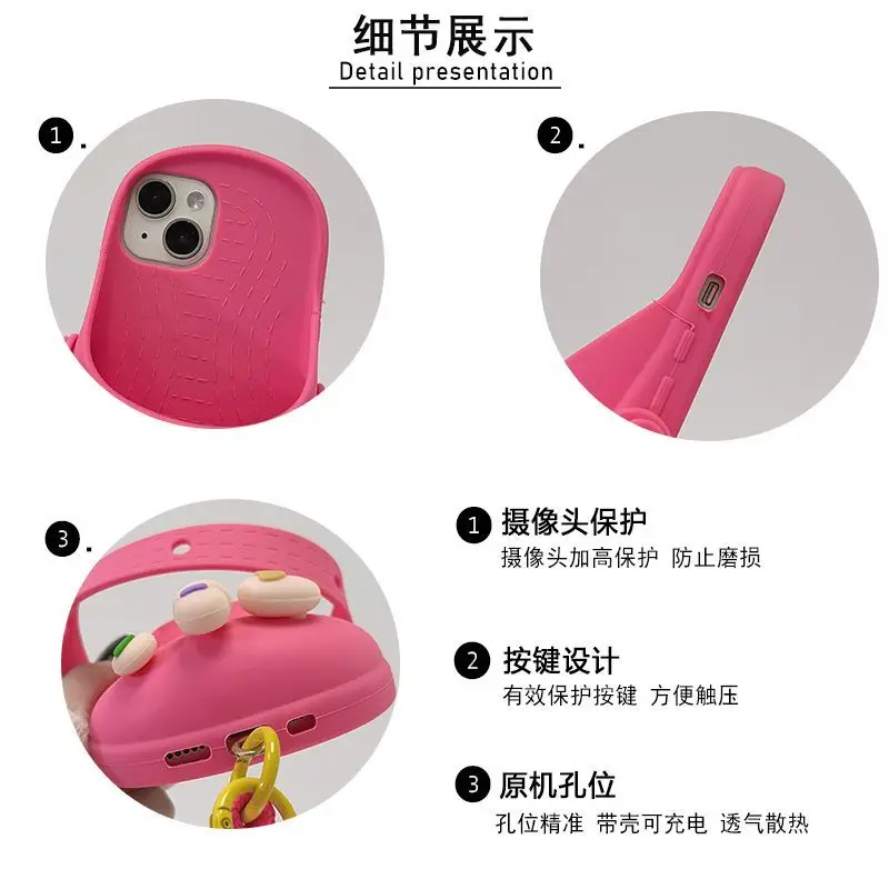Phone Case For iPhone 15 14 13 12 Pro Max INS Creative  Funny DIY 3D Hole Shoes Slipper Shape Soft Protective Cover With Lanyard view 6
