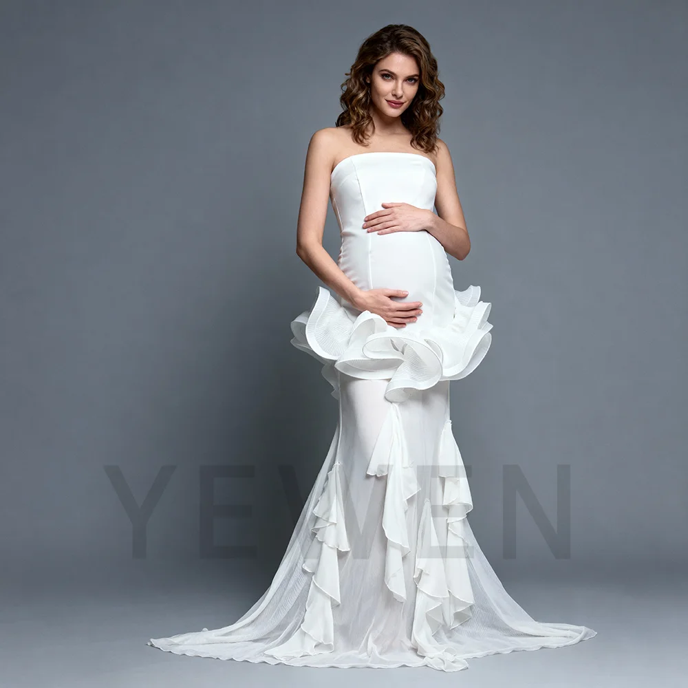 Abiti da Maternità Senza Spalline Stile Sirena Bianchi per Servizi Fotografici Unici in Spandex per Fotografia di Gravidanza