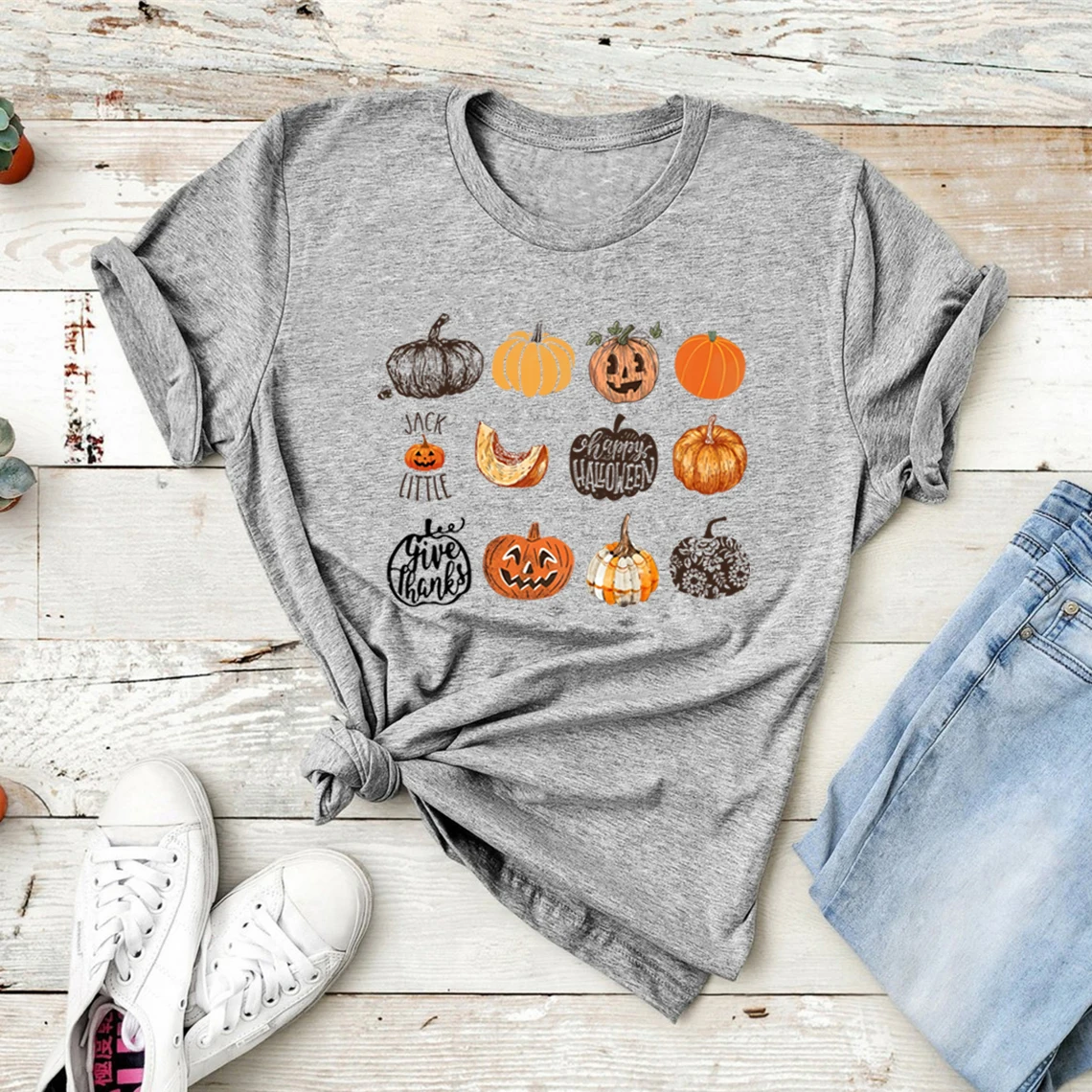 Fall Harvest Pumpkins Jack O Lantern Women T-Shirt Halloween Shirt Short Sleeve Graphic T Shirts Cute Halloween Pumpkin Tshirt