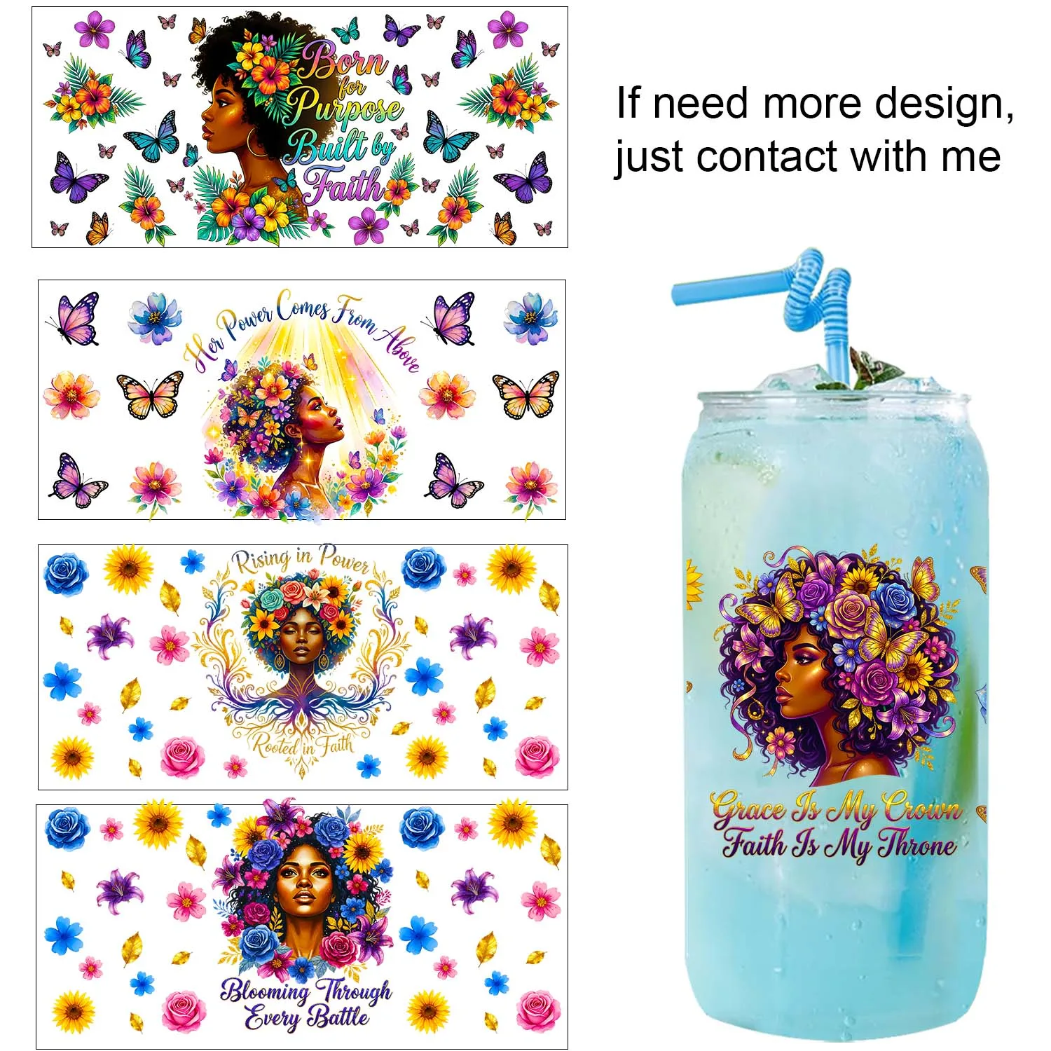 

Black women girls Afro Style Faith waterproof Party DIY Decals 3D transfers uvdtf tumbler seal stickers 16oz uv dtf cup wraps