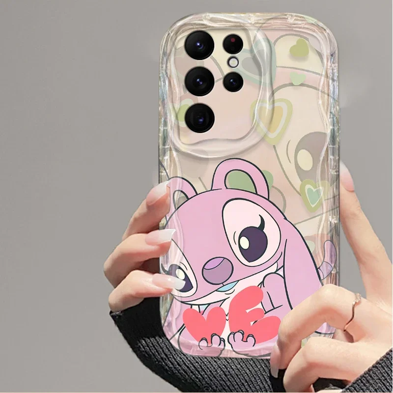 Disney Couple Angel Stitch Wave Case For Samsung Galaxy S24 Ultra S23 S22 Plus S21 S20 FE A25 A55 A35 A15 A05 A05S Soft Cover