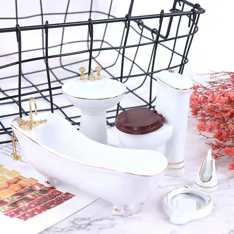 Espejo de Baño para Casa de Muñecas 1:12, Juego de Baño de Porcelana en Miniatura, Inodoro, 5 Piezas
