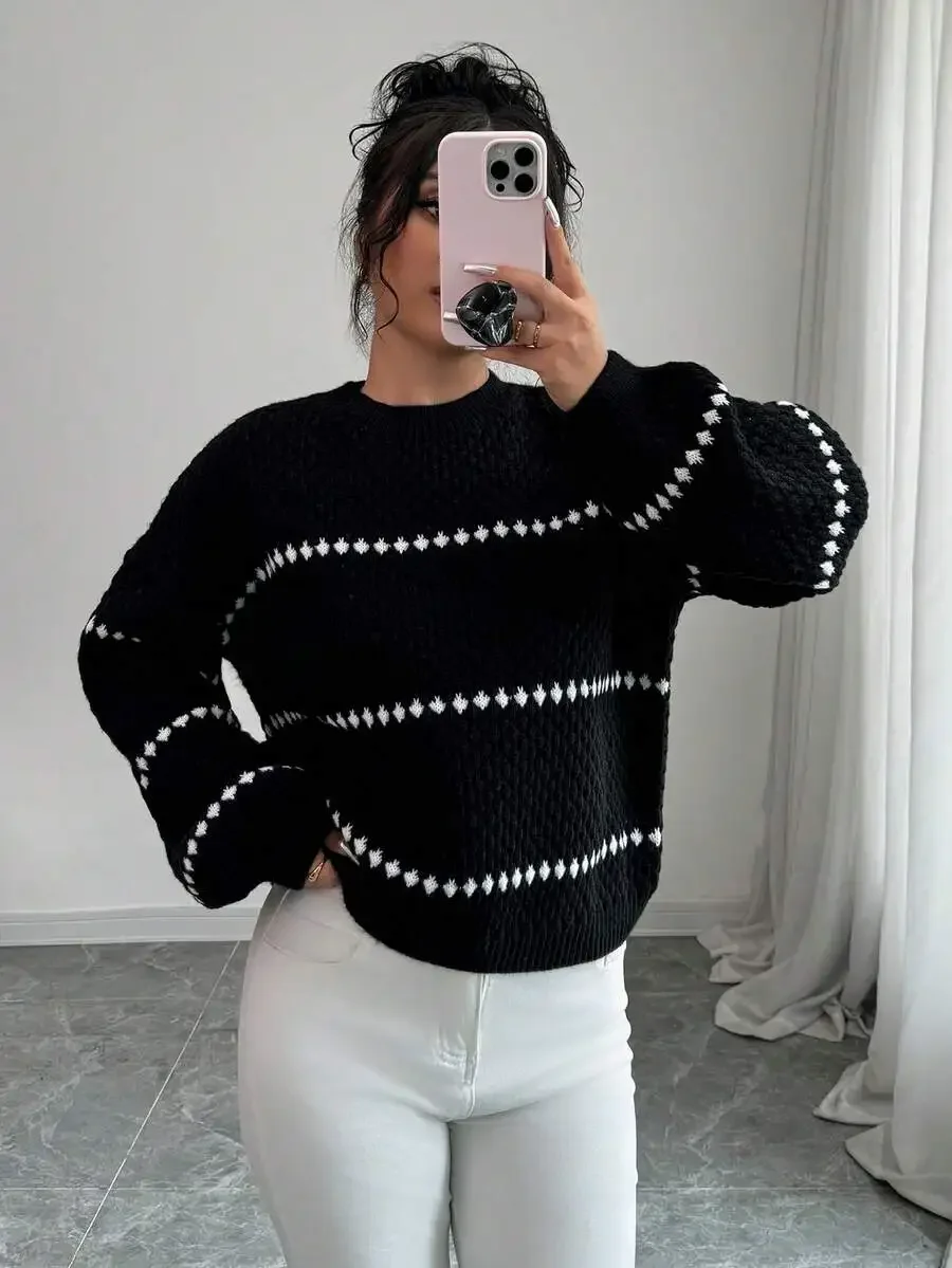 

Loose Striped Print Crew Neck Casual Long Sleeve Women Knit Sweater Fall Winter